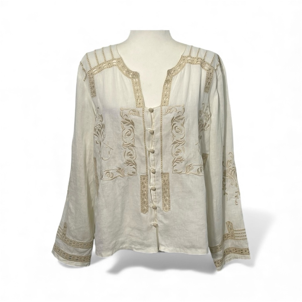 J Jill Cottagecore Button Top  Boho Peasant Festival Embroidered Ivory XL Petite
